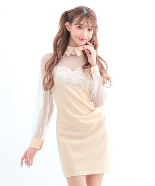 myMinette(マイミネット)の「キャバドレス ミニ タイト 長袖 バストシースルー 襟デザイン ハートカットレース パフスリーブ 谷間魅せドレス(ドレス・レディース・ブラック/ベージュ・MEDIUM/LARGE)」の2枚目の写真