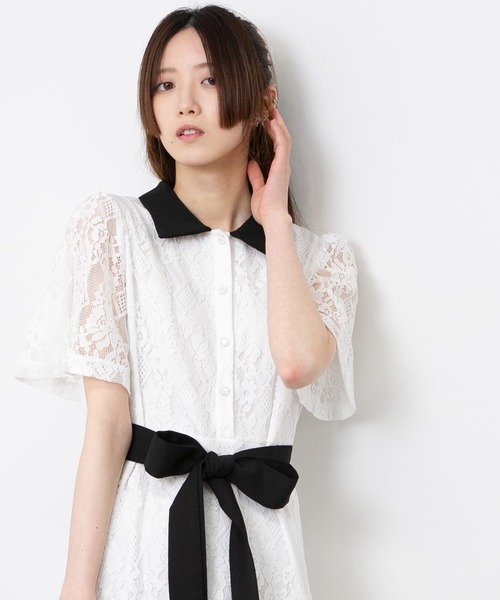 pumpkin port（パンプキンポート）の「レース地 リボンベルト付 半袖 ワンピース（ワンピース・レディース・ブラック/サックスブルー/ホワイト/グリーン/ネイビー・M/L）」の6枚目の写真