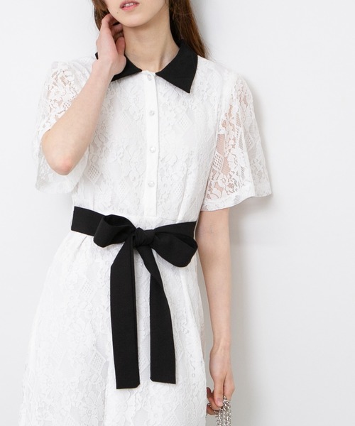 pumpkin port（パンプキンポート）の「レース地 リボンベルト付 半袖 ワンピース（ワンピース・レディース・ブラック/サックスブルー/ホワイト/グリーン/ネイビー・M/L）」の7枚目の写真