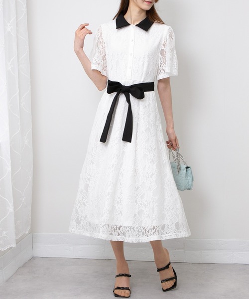 pumpkin port（パンプキンポート）の「レース地 リボンベルト付 半袖 ワンピース（ワンピース・レディース・ブラック/サックスブルー/ホワイト/グリーン/ネイビー・M/L）」の8枚目の写真