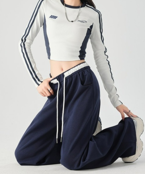 gossip!ロサンゼルス(ゴシップロサンゼルス)の「Y2Kミニマルカジュアル*配色ウエストストレートパンツ(スウェットパンツ・レディース・ネイビー/グレー/ブラック・FREE)」の7枚目の写真