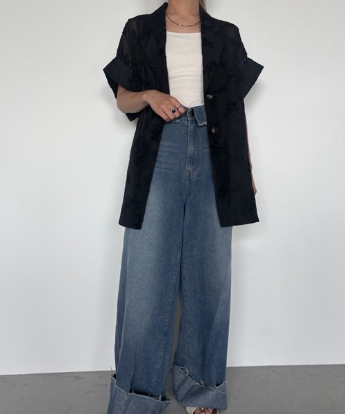 シアー総刺繍ハーフスリーブジャケット（テーラードジャケット