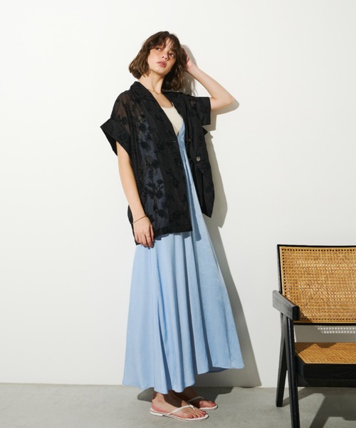 Unitage（ユニテージ）の「シアー総刺繍ハーフスリーブジャケット（テーラードジャケット・レディース・アイボリー/ブラック・FREE）」の5枚目の写真