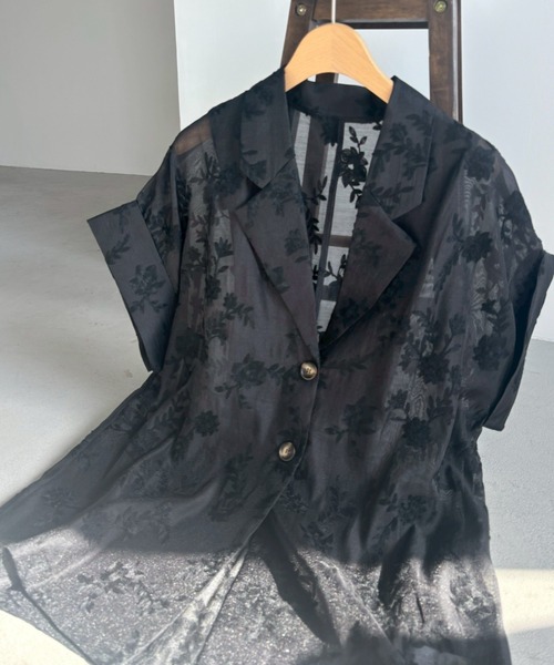 Unitage（ユニテージ）の「シアー総刺繍ハーフスリーブジャケット（テーラードジャケット・レディース・アイボリー/ブラック・FREE）」の4枚目の写真