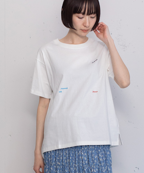 POU DOU DOU(プードゥドゥ)の「ミニロゴ刺繍カラーTシャツ(Tシャツ/カットソー・レディース・ターコイズブルー/レッド/オフホワイト/ネイビー/グリーン・M)」の2枚目の写真