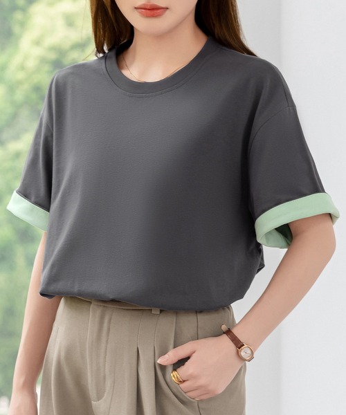 DAY CLOSET(デイ クローゼット)の「レディース 2WAYカジュアル半袖ドロップショルダーTシャツ(Tシャツ/カットソー・レディース・グレー系その他/ブラック×ホワイト/ホワイト系その他・FREE)」の3枚目の写真