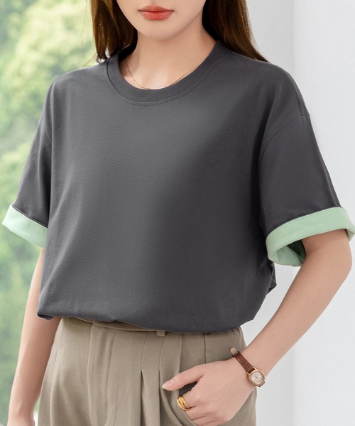 DAY CLOSET(デイ クローゼット)の「レディース 2WAYカジュアル半袖ドロップショルダーTシャツ(Tシャツ/カットソー・レディース・グレー系その他/ブラック×ホワイト/ホワイト系その他・FREE)」の4枚目の写真