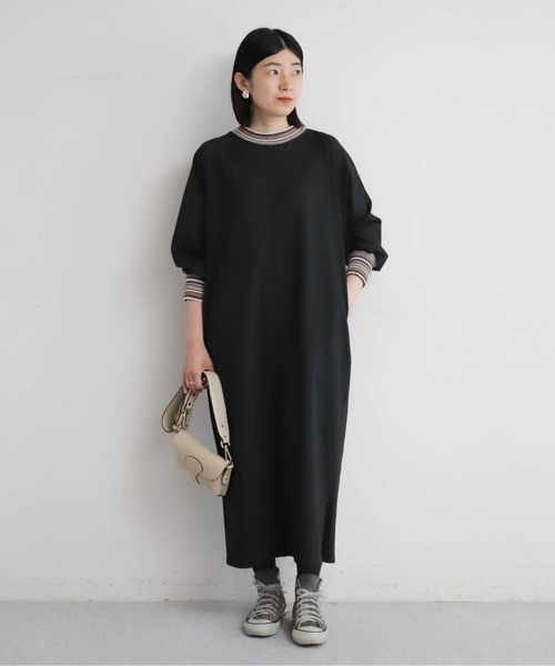 NOMBRE IMPAIR（ノンブルアンペール）の「ボーダーリブコンビ　ハイネックワンピース（ワンピース・レディース・ブラック/チャコールグレー・FREE）」の4枚目の写真