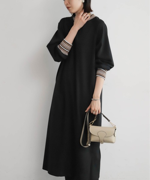 NOMBRE IMPAIR（ノンブルアンペール）の「ボーダーリブコンビ　ハイネックワンピース（ワンピース・レディース・ブラック/チャコールグレー・FREE）」の5枚目の写真