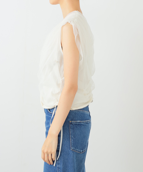 tシャツ 「洗える」チュールレイヤードギャザーカットソー レディース La TOTALITE tシャツ 「洗える」チュールレイヤードギャザー