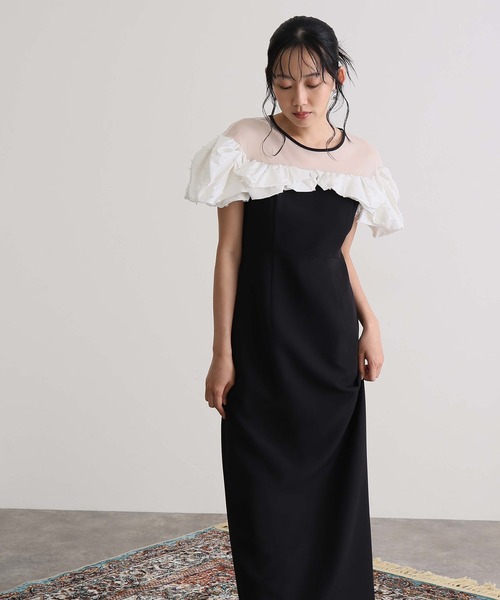 atlo（アトロ）の「ミモレ丈&袖あり フォーマル マシュマロジャガードタフタラッフル Iライン セレモニー 結婚式 二次会 パーティー ドレス オケージョンドレス 同窓会 成人式 お呼ばれ 謝恩会 20代 30代（ドレス・レディース・ベージュ/チャコール/ブラック・M）」の6枚目の写真