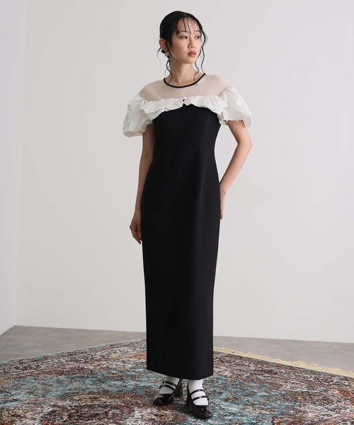 atlo（アトロ）の「ミモレ丈&袖あり フォーマル マシュマロジャガードタフタラッフル Iライン セレモニー 結婚式 二次会 パーティー ドレス オケージョンドレス 同窓会 成人式 お呼ばれ 謝恩会 20代 30代（ドレス・レディース・ベージュ/チャコール/ブラック・M）」の7枚目の写真