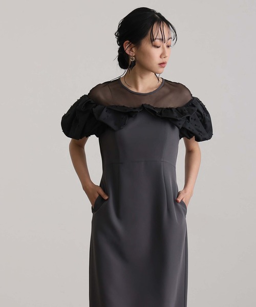 atlo（アトロ）の「ミモレ丈&袖あり フォーマル マシュマロジャガードタフタラッフル Iライン セレモニー 結婚式 二次会 パーティー ドレス オケージョンドレス 同窓会 成人式 お呼ばれ 謝恩会 20代 30代（ドレス・レディース・ベージュ/チャコール/ブラック・M）」の13枚目の写真