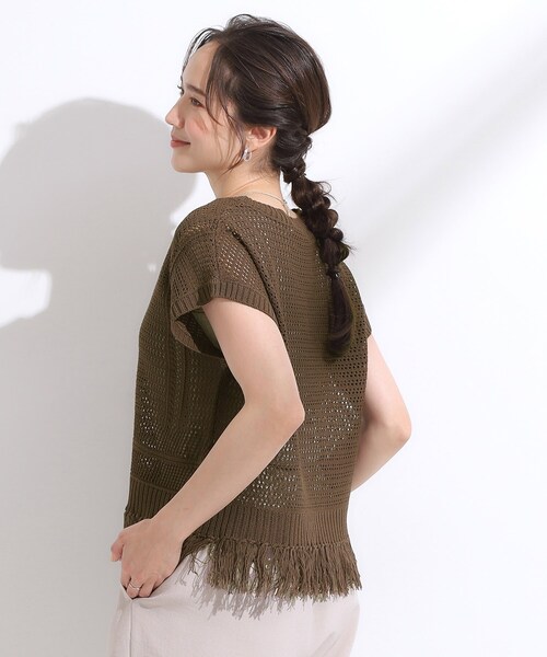 Cutie Blonde(キューティーブロンド)の「【S-LL】裾フリンジマクラメVネックニット(ニット/セーター・レディース・オレンジ/アイボリー/ダークブラウン・04/03/02/01)」の15枚目の写真