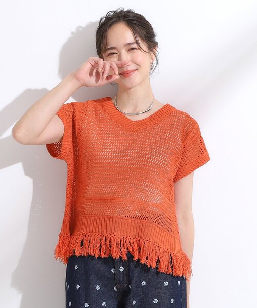 Cutie Blonde(キューティーブロンド)の「【S-LL】裾フリンジマクラメVネックニット(ニット/セーター・レディース・オレンジ/アイボリー/ダークブラウン・04/03/02/01)」の10枚目の写真