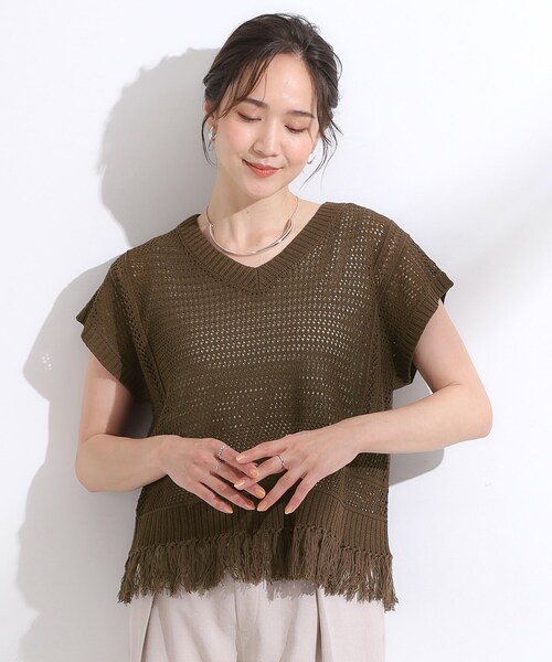 Cutie Blonde(キューティーブロンド)の「【S-LL】裾フリンジマクラメVネックニット(ニット/セーター・レディース・オレンジ/アイボリー/ダークブラウン・04/03/02/01)」の14枚目の写真