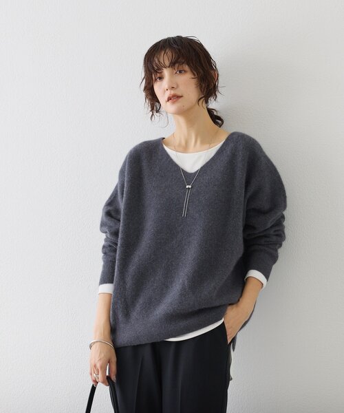 抜け感シルエット】ヘアリーウール片畦Vネックニット（ニット/セーター
