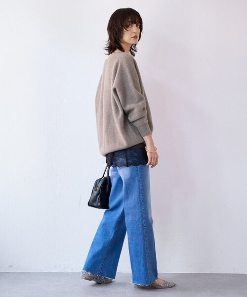 【RIVE DROITE】ヘアリーウール片畦Vネックニット 抜け感シルエット】ヘアリーウール片畦Vネックニット（ニット/セーター