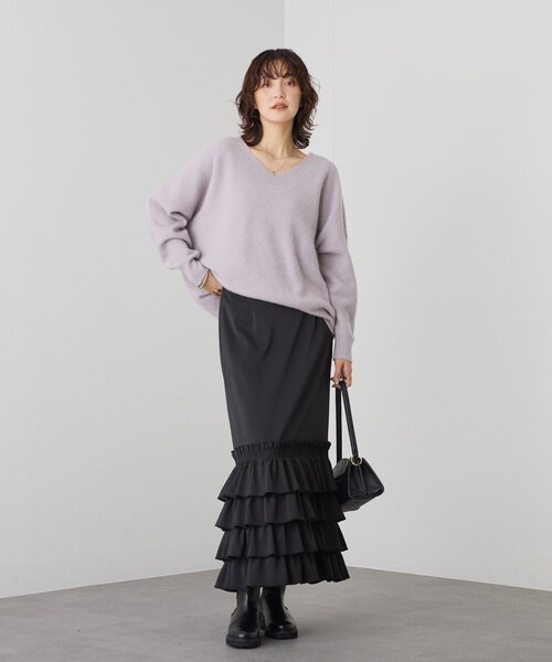 抜け感シルエット】ヘアリーウール片畦Vネックニット（ニット/セーター