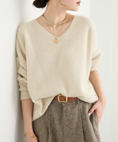 抜け感シルエット】ヘアリーウール片畦Vネックニット（ニット/セーター