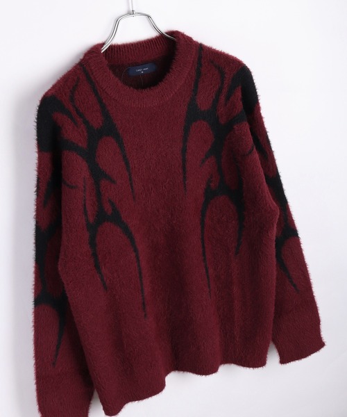 289マンシングウェア◆セーター 長袖ニット Mサイズ 赤x黒系レッドxブラック 5G フェザー ジャガード ルーズサイズクルー 長袖 トライバル柄