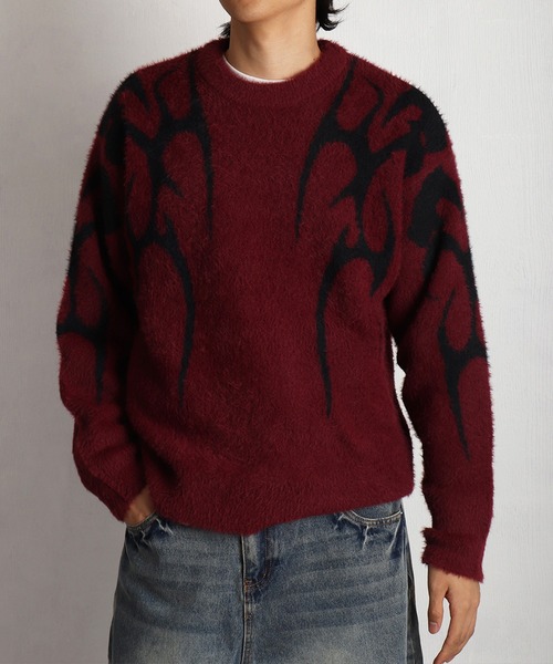 5G フェザー ジャガード ルーズサイズクルー 長袖 トライバル柄