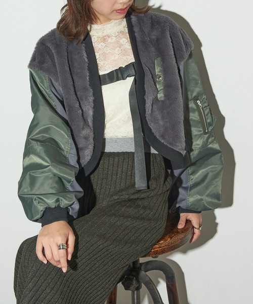 MAISON BREEZE reveur(メゾンブリーズレヴール)の「【MAISON BREEZE reveur】MA-1 ファーボレロジャケット trc(MA-1・レディース・ブラック/ブラウン/グレー・FREE)」の2枚目の写真