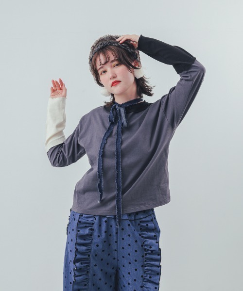 unica（ユニカ）の「カラフルスリーブtee（Tシャツ/カットソー・レディース・ブラック/チャコール/オフホワイト・F）」の3枚目の写真