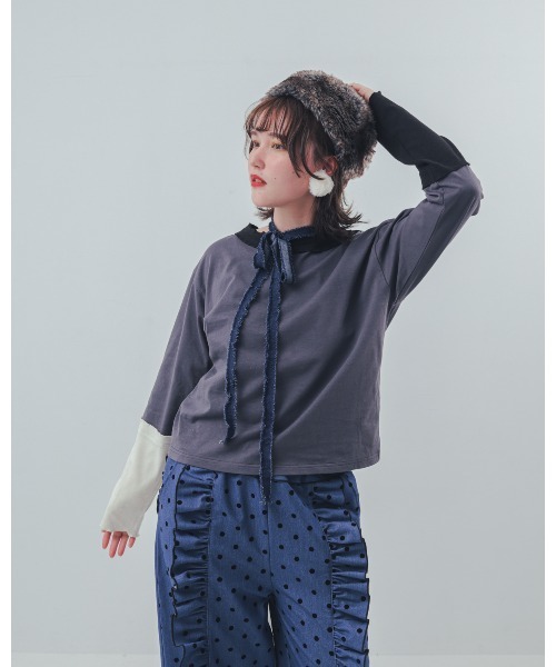 unica（ユニカ）の「カラフルスリーブtee（Tシャツ/カットソー・レディース・ブラック/チャコール/オフホワイト・F）」の10枚目の写真