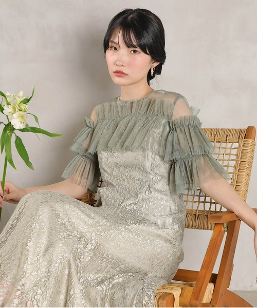 セール】ラメチュールレース フリル Aライン ワンピースドレス