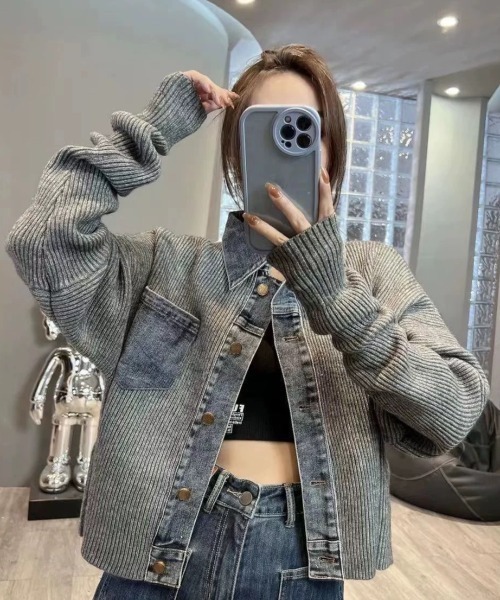 セール】デニム ドッキング ニット カーディガン ジャケット（デニム