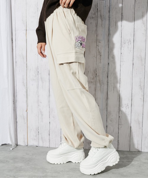 セール】《おばけ刺繍×カーゴ》レディース カルゼパンツ ウエストゴム