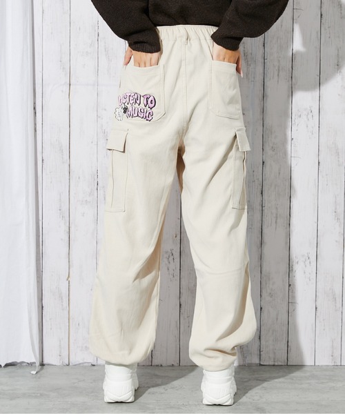 セール】《おばけ刺繍×カーゴ》レディース カルゼパンツ ウエストゴム