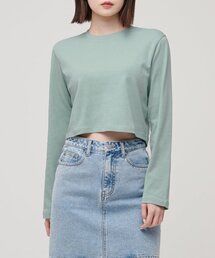 ウィメンズクルーネッククロップ長袖Tシャツ[ダスティミント]