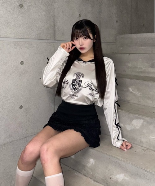 Lae（レイ）の「フロントロゴリボンユニフォームTシャツ（Tシャツ/カットソー・レディース・ホワイト/ブラック・MEDIUM/SMALL）」の4枚目の写真