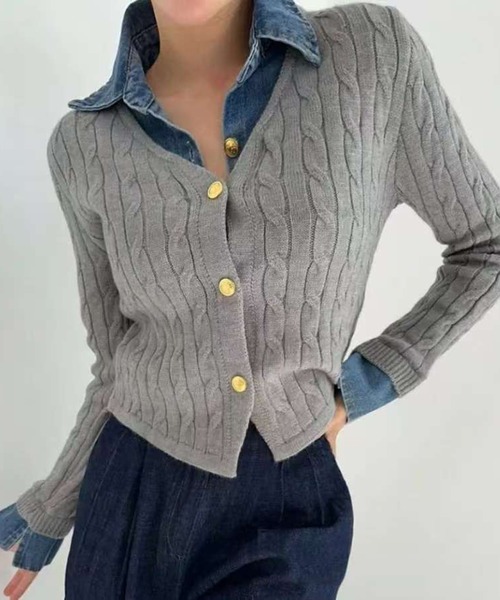 AsheKsha(アシクシャ)の「【新作】デニムパッチワークニットセーター(フェイクツーピース)(ニット/セーター・レディース・ネイビー/ホワイト/グレー・M)」の6枚目の写真