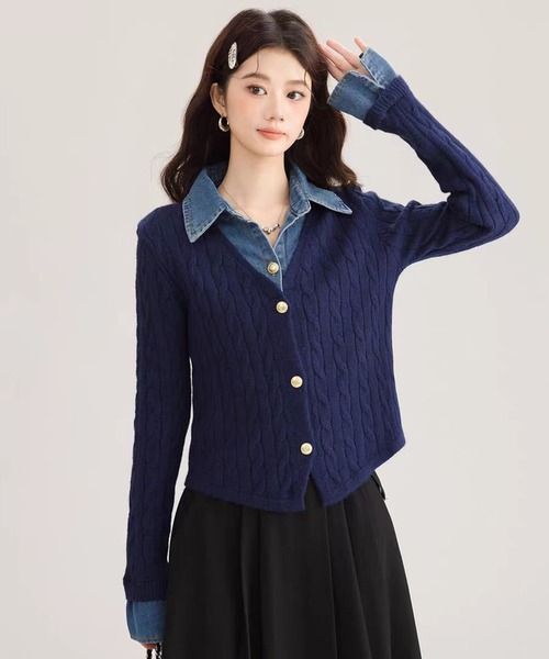 AsheKsha(アシクシャ)の「【新作】デニムパッチワークニットセーター(フェイクツーピース)(ニット/セーター・レディース・ネイビー/ホワイト/グレー・M)」の11枚目の写真