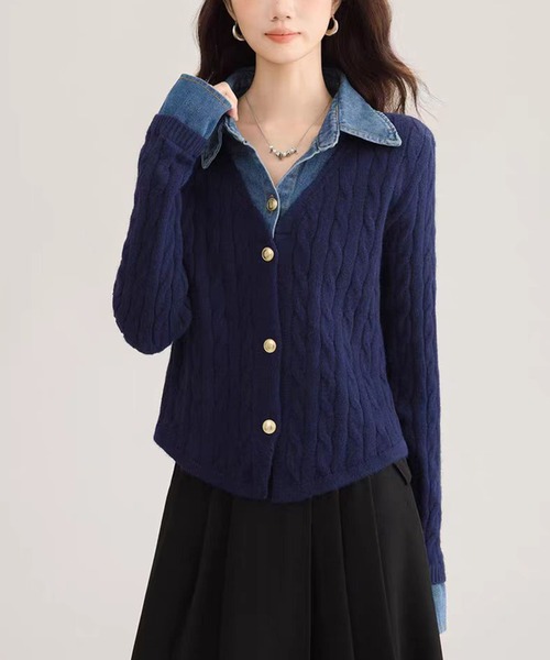 AsheKsha(アシクシャ)の「【新作】デニムパッチワークニットセーター(フェイクツーピース)(ニット/セーター・レディース・ネイビー/ホワイト/グレー・M)」の12枚目の写真