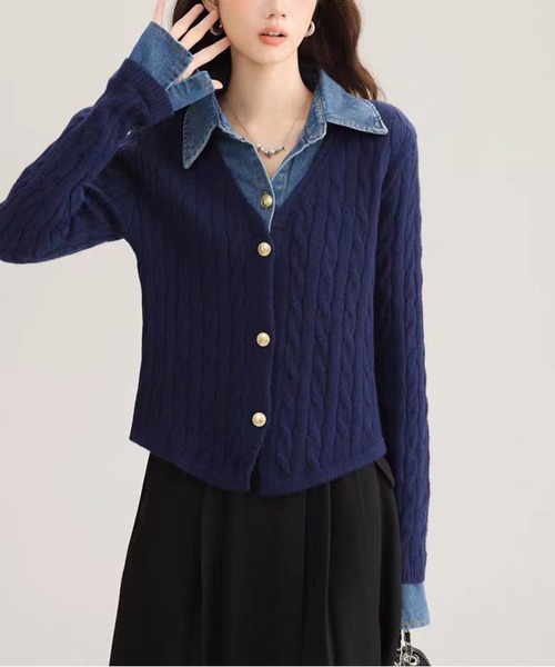 AsheKsha(アシクシャ)の「【新作】デニムパッチワークニットセーター(フェイクツーピース)(ニット/セーター・レディース・ネイビー/ホワイト/グレー・M)」の13枚目の写真