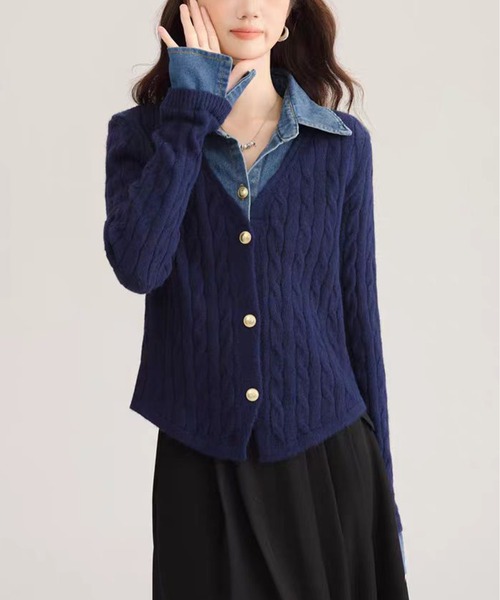AsheKsha(アシクシャ)の「【新作】デニムパッチワークニットセーター(フェイクツーピース)(ニット/セーター・レディース・ネイビー/ホワイト/グレー・M)」の14枚目の写真