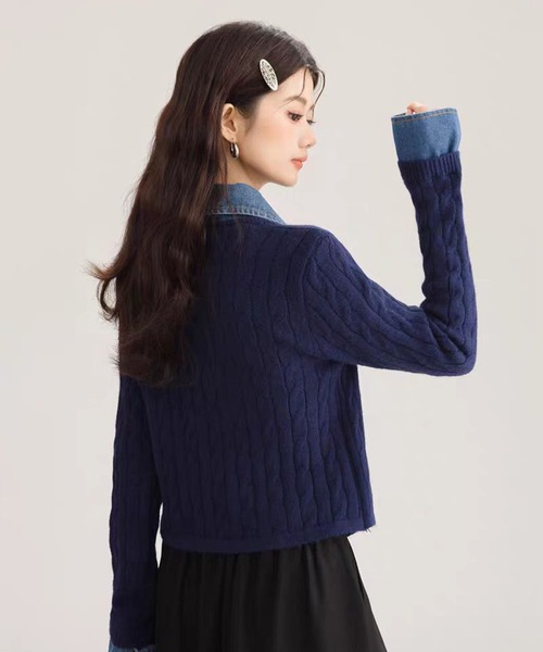 AsheKsha(アシクシャ)の「【新作】デニムパッチワークニットセーター(フェイクツーピース)(ニット/セーター・レディース・ネイビー/ホワイト/グレー・M)」の15枚目の写真