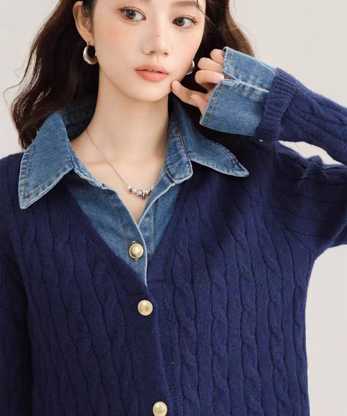 AsheKsha(アシクシャ)の「【新作】デニムパッチワークニットセーター(フェイクツーピース)(ニット/セーター・レディース・ネイビー/ホワイト/グレー・M)」の16枚目の写真
