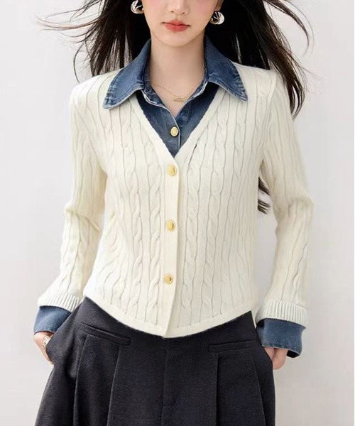 AsheKsha(アシクシャ)の「【新作】デニムパッチワークニットセーター(フェイクツーピース)(ニット/セーター・レディース・ネイビー/ホワイト/グレー・M)」の20枚目の写真
