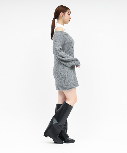 ROYAL PARTY（ロイヤルパーティー）の「シャツドッキングケーブルニットミニワンピース（ワンピース・レディース・ブラック/グレー/ベージュ・FREE）」の4枚目の写真