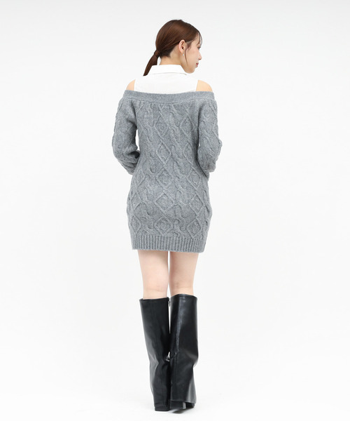 ROYAL PARTY（ロイヤルパーティー）の「シャツドッキングケーブルニットミニワンピース（ワンピース・レディース・ブラック/グレー/ベージュ・FREE）」の5枚目の写真