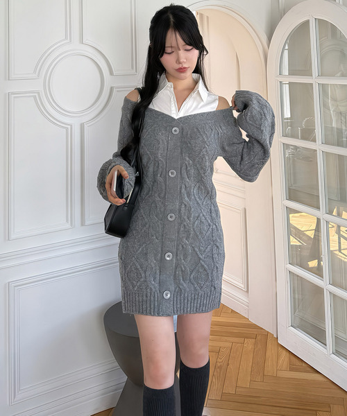 ROYAL PARTY（ロイヤルパーティー）の「シャツドッキングケーブルニットミニワンピース（ワンピース・レディース・ブラック/グレー/ベージュ・FREE）」の12枚目の写真