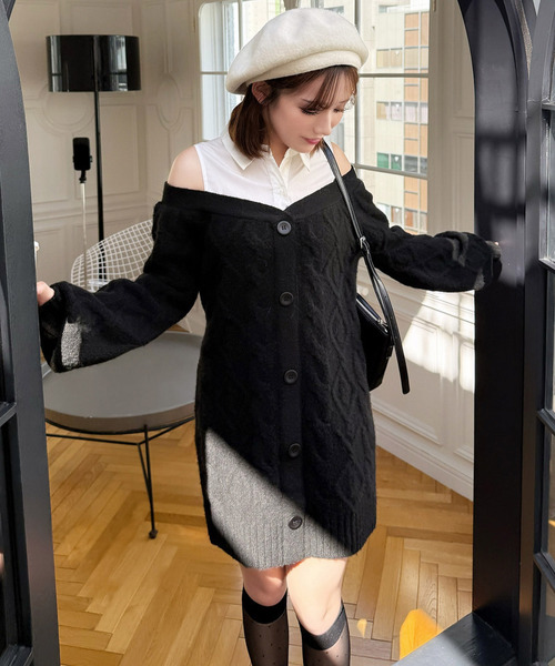 ROYAL PARTY（ロイヤルパーティー）の「シャツドッキングケーブルニットミニワンピース（ワンピース・レディース・ブラック/グレー/ベージュ・FREE）」の13枚目の写真