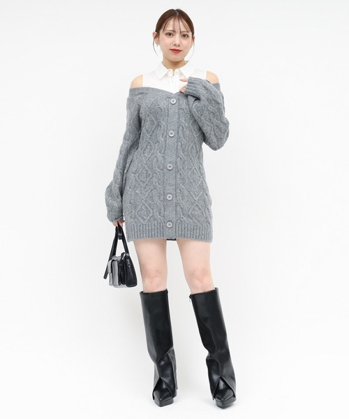 ROYAL PARTY（ロイヤルパーティー）の「シャツドッキングケーブルニットミニワンピース（ワンピース・レディース・ブラック/グレー/ベージュ・FREE）」の14枚目の写真