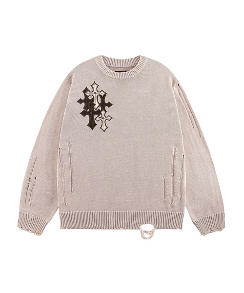 SUPPLIER（サプライヤー）の「ニット｜Distressed Multiple Cross Leather Patch Crew Knit｜SUPPLIER（ニット/セーター・メンズ・ブラック/ベージュ・LARGE/MEDIUM/X-LARGE/SMALL）」の2枚目の写真