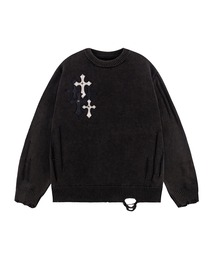 ニット｜Distressed Multiple Cross Leather Patch Crew Knit｜SUPPLIER